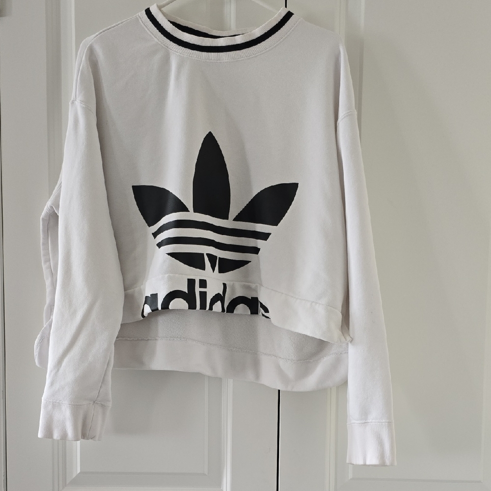 Adidas White Crop Crewneck with Black Trefoil Logo